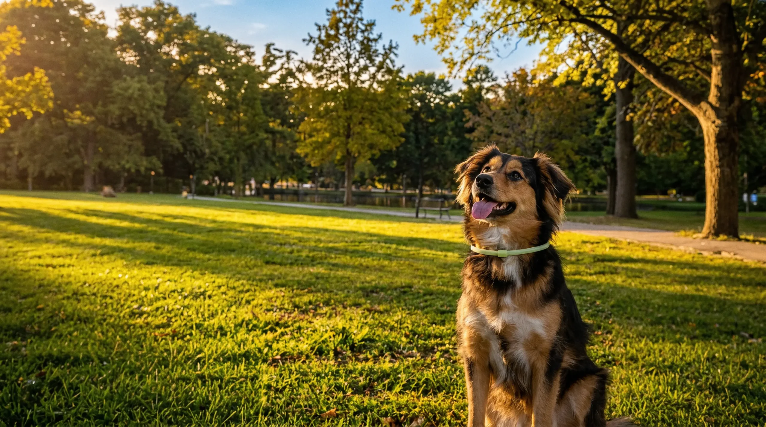 Perro sentado en un parque con el collar repelente luminoso