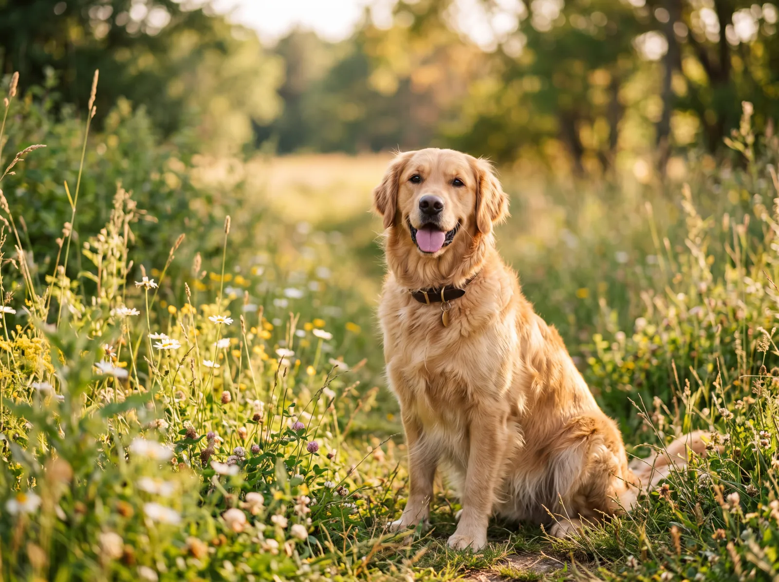 Golden retriever con collar sentado entre flores silvestres