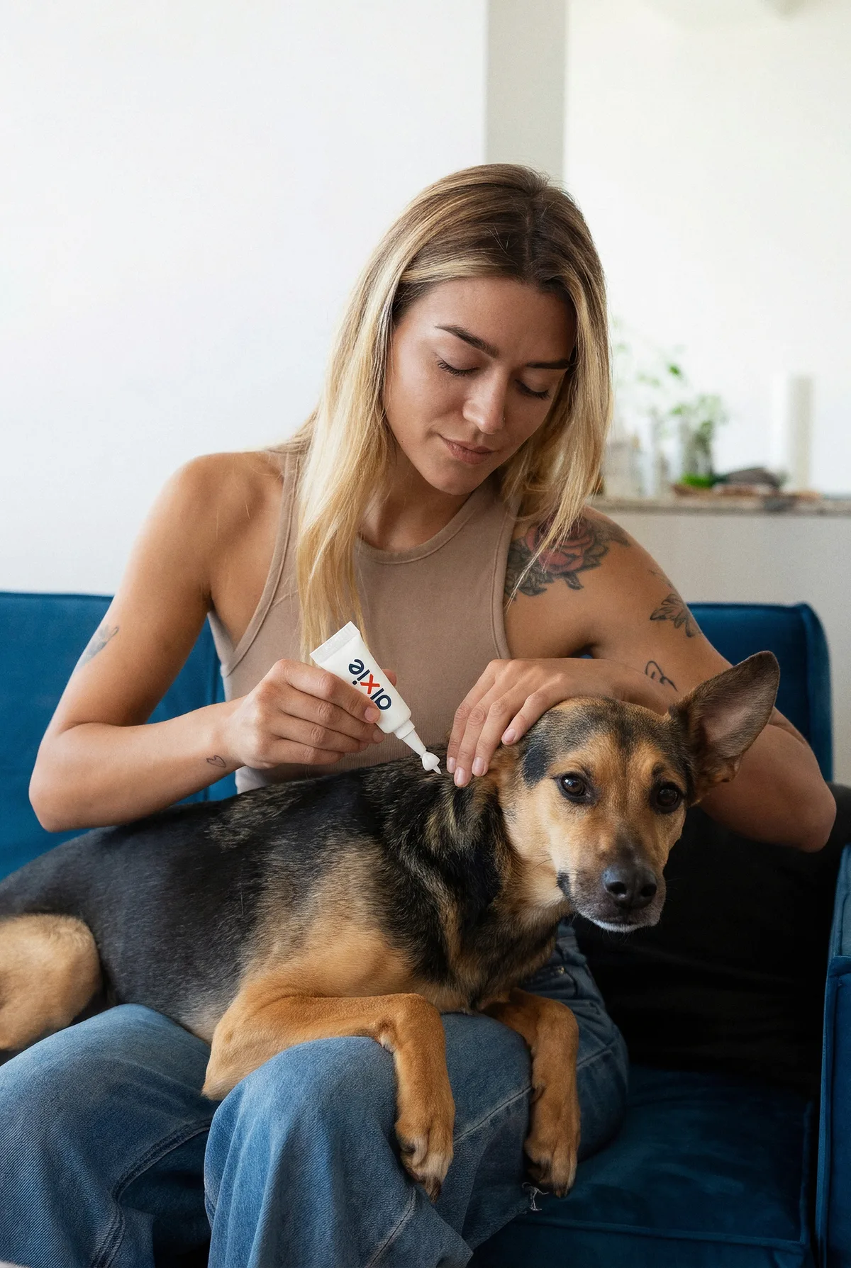 Mujer en el sofá aplicando una pipeta Dixie en la base del cuello de su perro