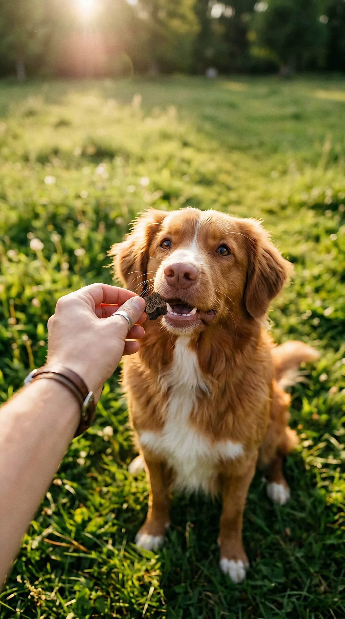 Perro de pelo rojizo sentado en la hierba al atardecer, cogiendo un snack Digestive de la mano de su dueño